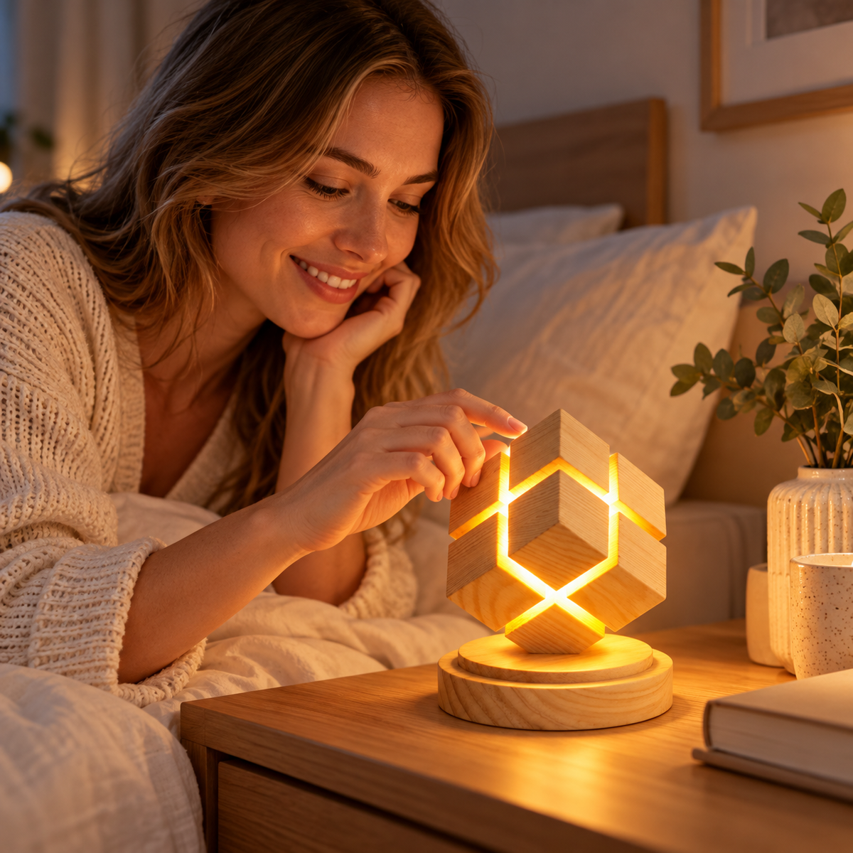 đź§Š Cube Night Light | Rubberwood Bedroom | Couples Geometric Glow