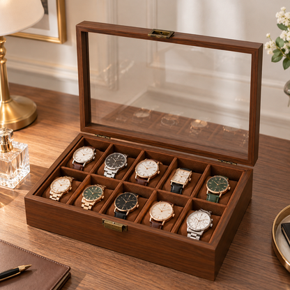⌚ Watch Box | Wood-Grain Dresser | Collectors Vintage Glass Display