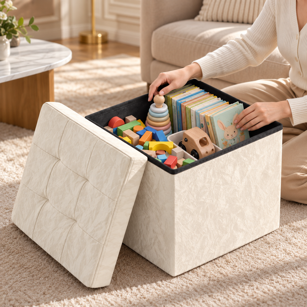 🪑 Storage Ottoman | PU Leather Livingroom | Families Tufted Comfort ONE CUBE. FOUR JOBS.