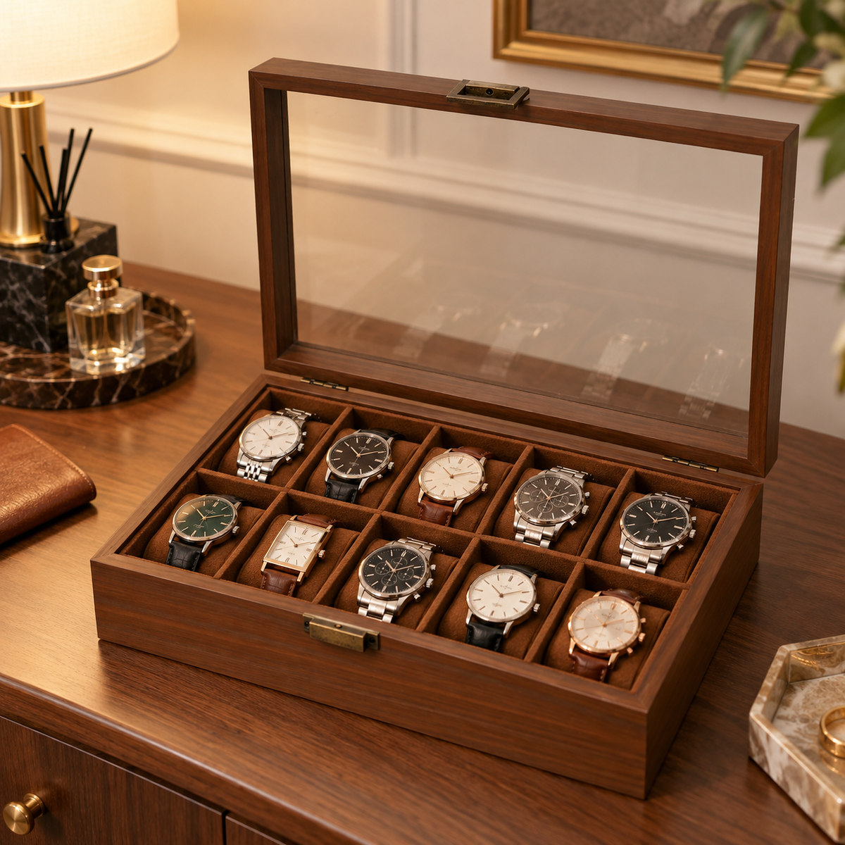 ⌚ Watch Box | Wood-Grain Dresser | Collectors Vintage Glass Display