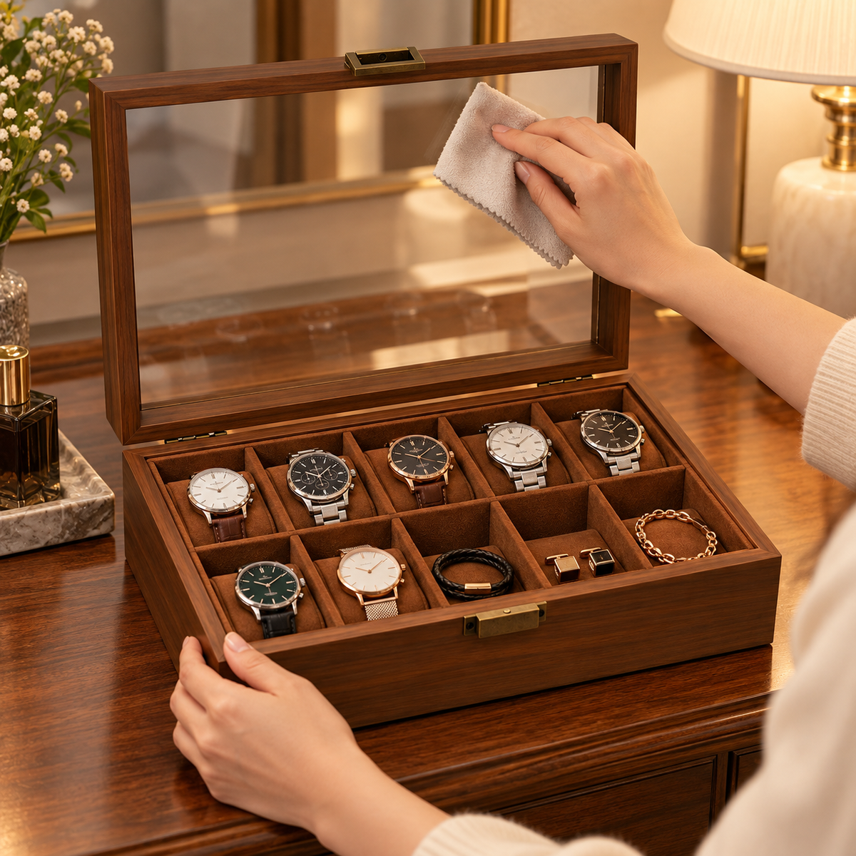 ⌚ Watch Box | Wood-Grain Dresser | Collectors Vintage Glass Display