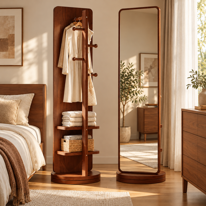 🪞 Rotating Mirror | Walnut Bedroom | Homeowners Storage Dressing Station