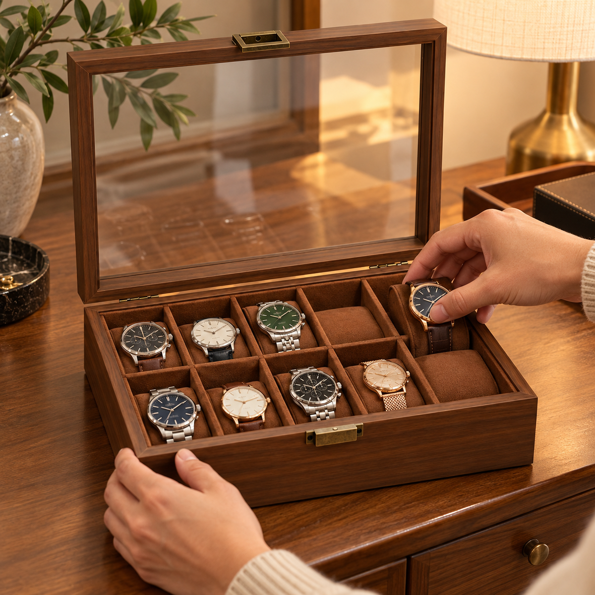 ⌚ Watch Box | Wood-Grain Dresser | Collectors Vintage Glass Display