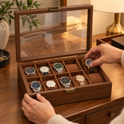 ⌚ Watch Box | Wood-Grain Dresser | Collectors Vintage Glass Display