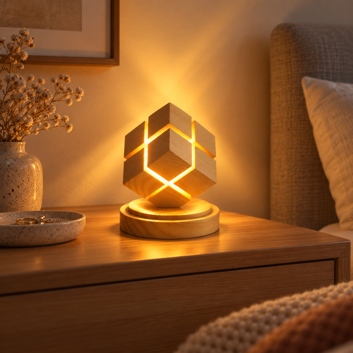 🧊 Cube Night Light | Rubberwood Bedroom | Couples Geometric Glow